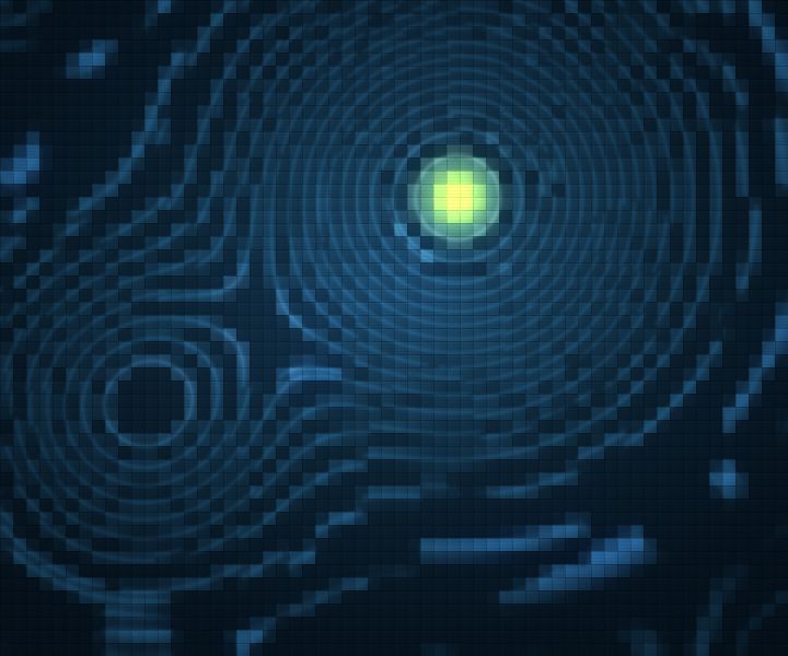 Topographic contours ringing a lit summit