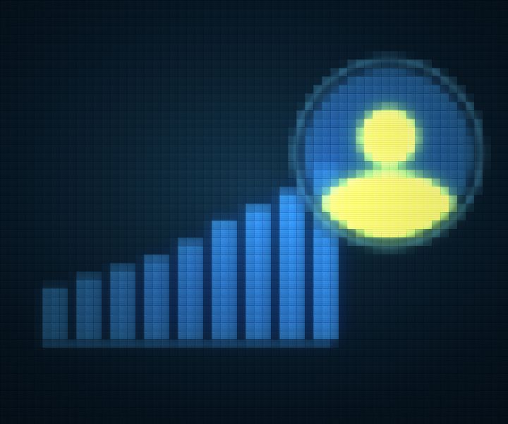 Rising bars beside a lit camera bubble