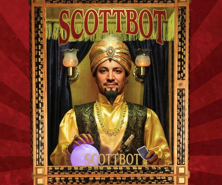 Scott as a fortune-teller machine with a crystal ball